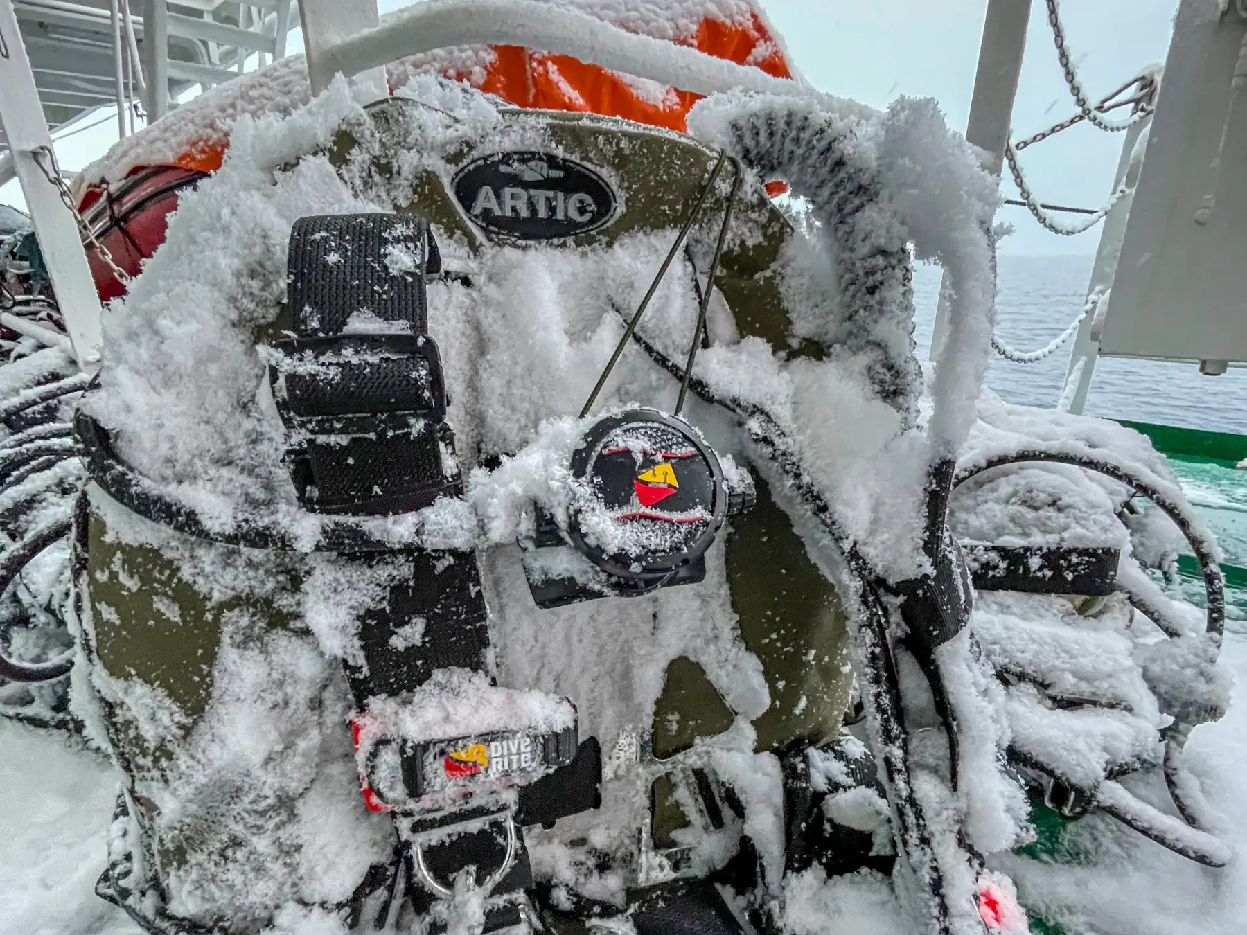 Dive equipment covered in Antarctic ice